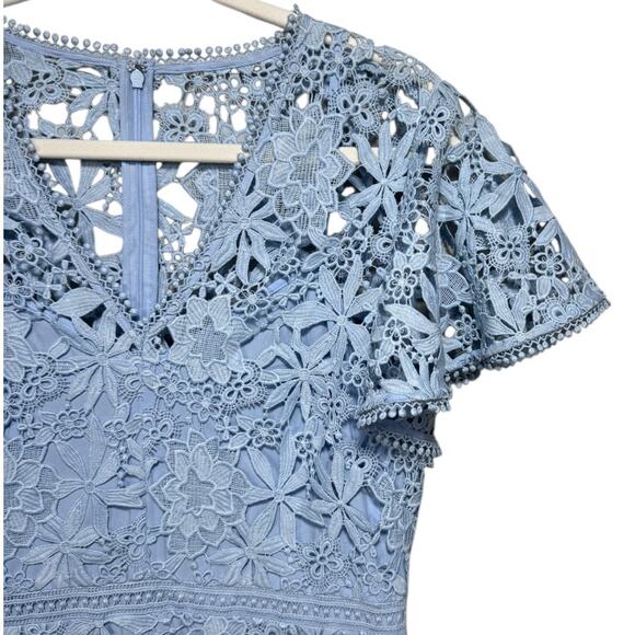 Shoshanna Baby Blue V-Neck Flutter Sleeve Floral Lace Dress - Size 6 - Picture 2 of 6